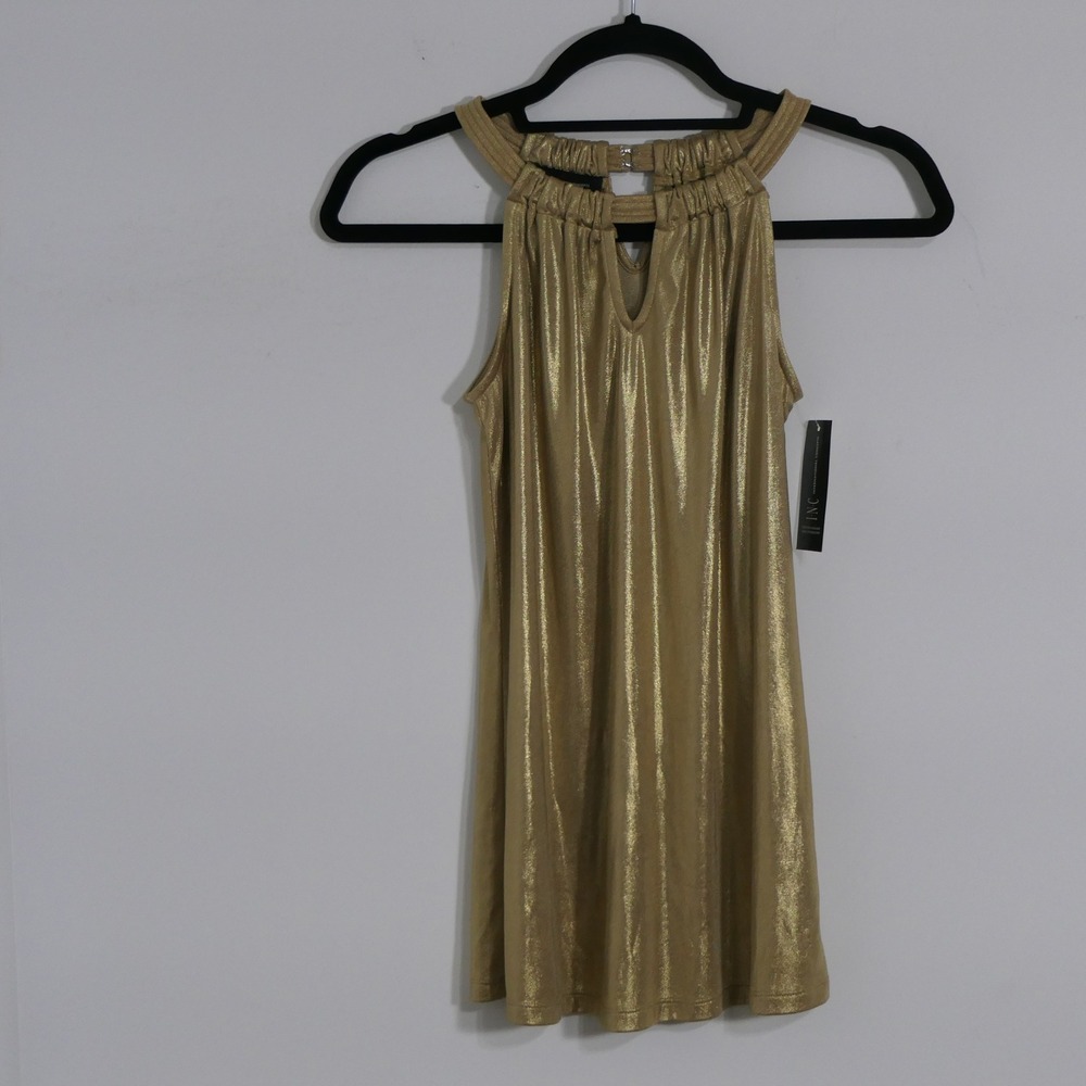 INC Women Halter Top S Gold Metallic Shimmer Glam Party Feminine Shiny Ethereal